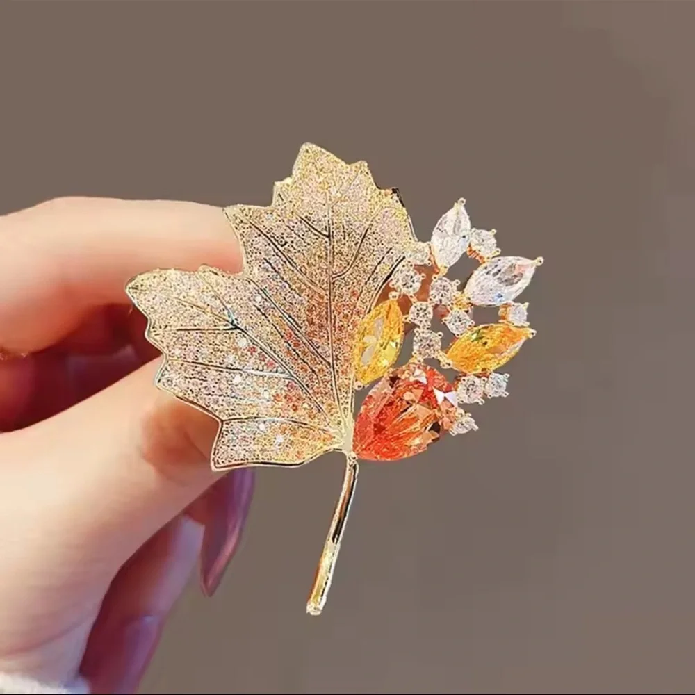Gold Leaf Brooch with Crystal Accents Fall